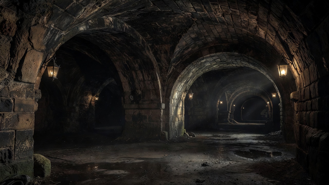 Dark arched stone underground chambers of Edinburgh