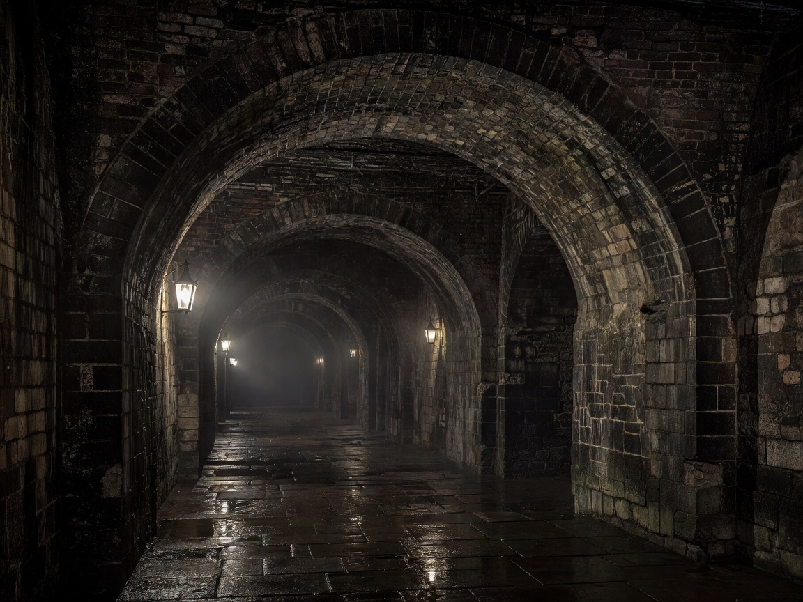 Dark subterranean brick arches of Edinburgh vaults