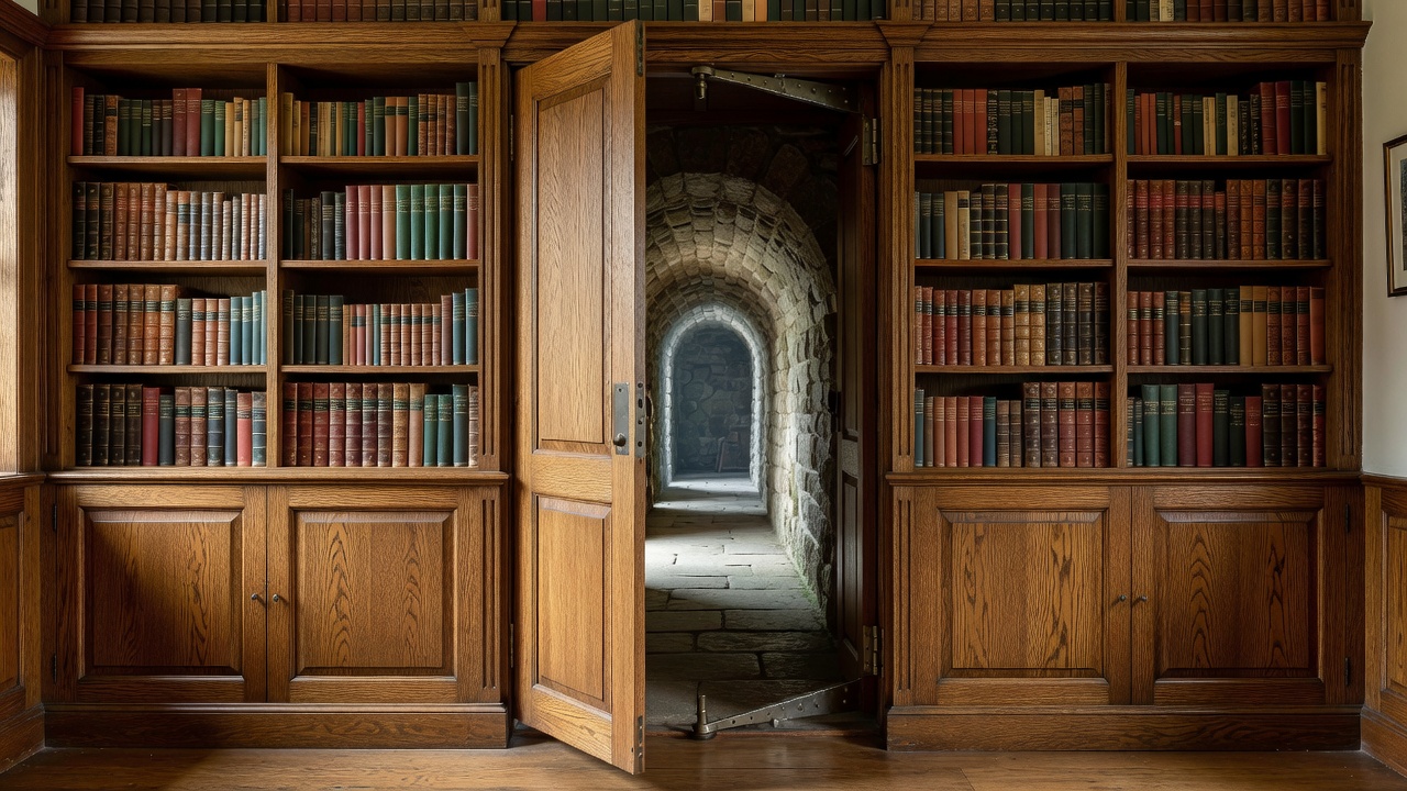 Detailed view of revolving oak bookcase door reveal